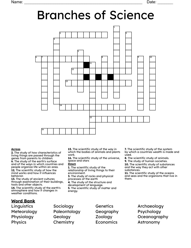 Branches of Science Crossword