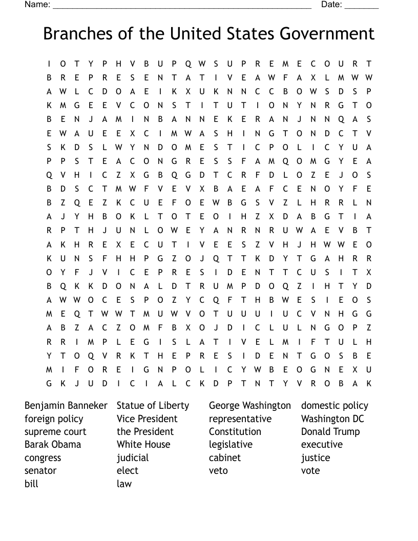 Branches of the United States Government Word Search