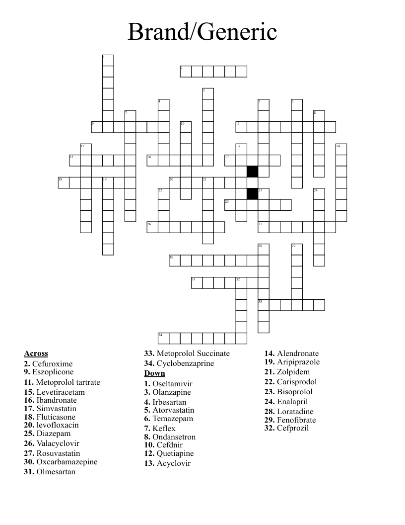 Brand/Generic Crossword