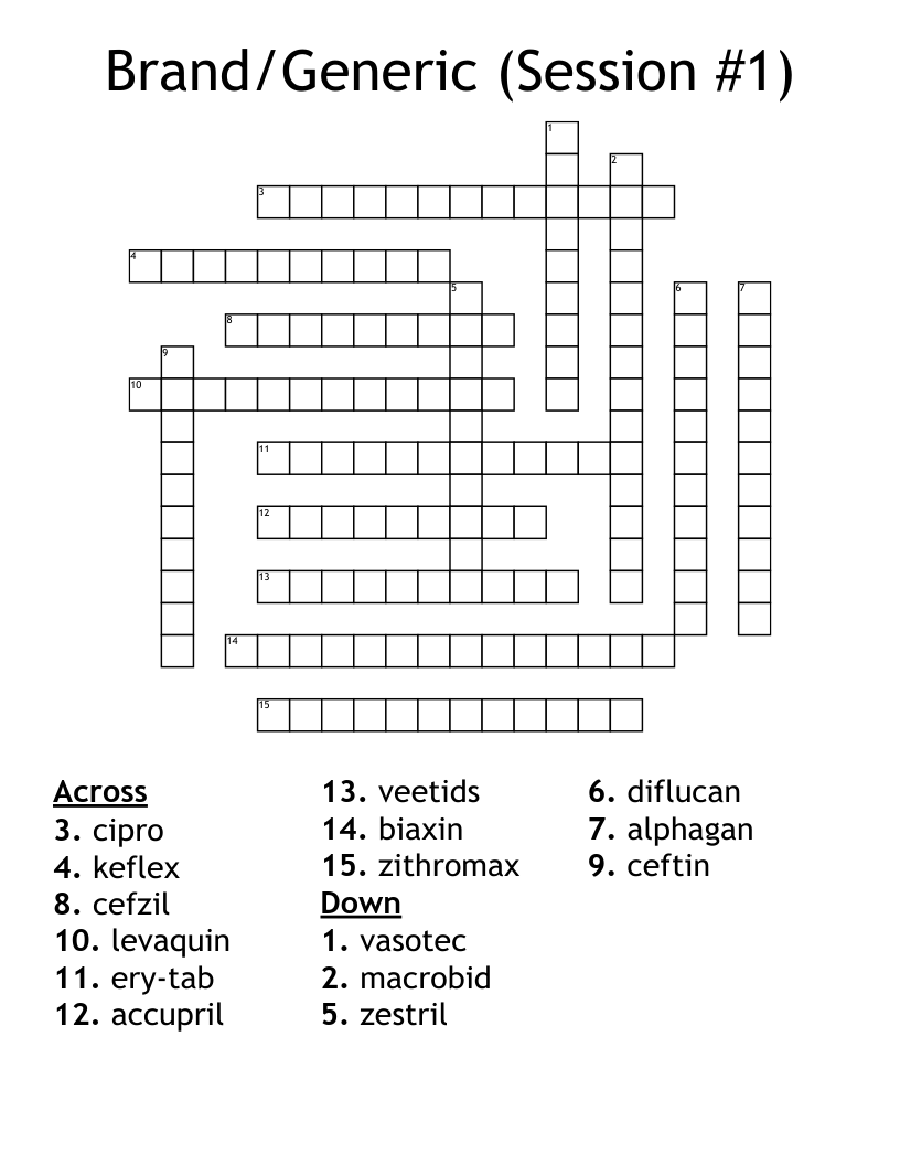 Brand/Generic (Session #1) Crossword