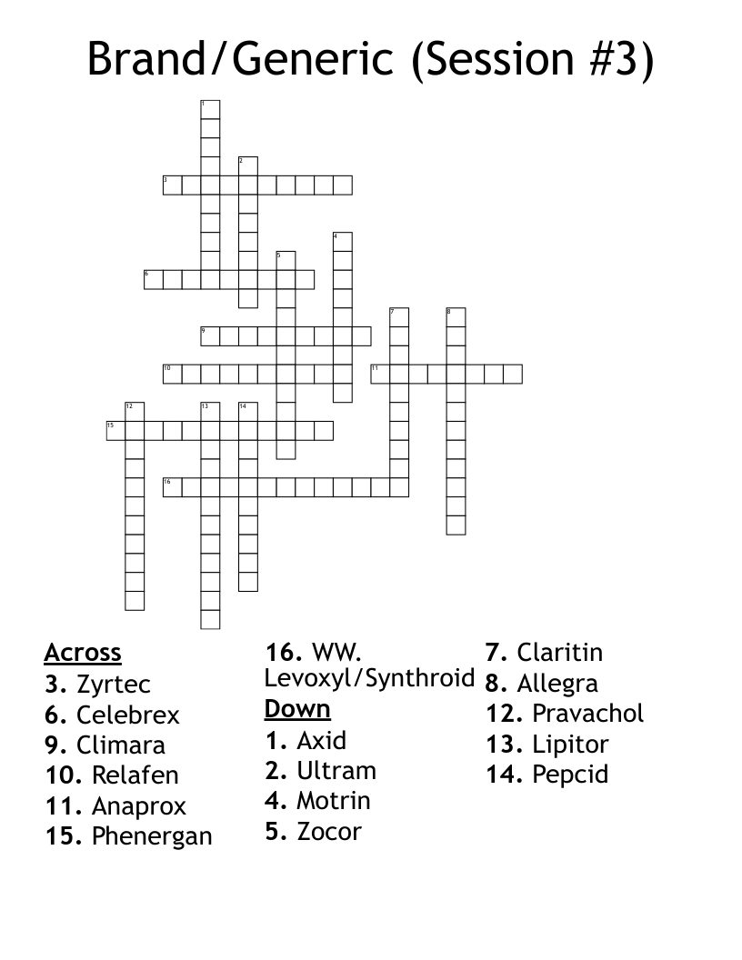Brand/Generic (Session #3) Crossword