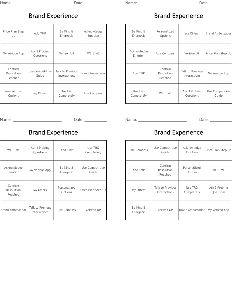 Brand Experience Bingo Cards