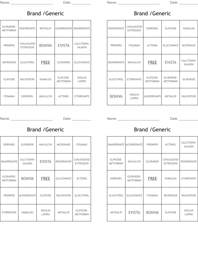 Brand /Generic Bingo Cards