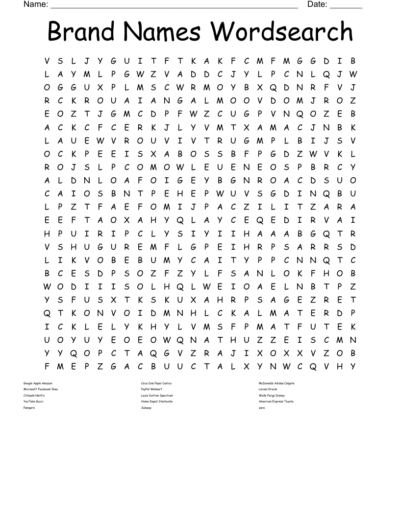 Brand Names Wordsearch