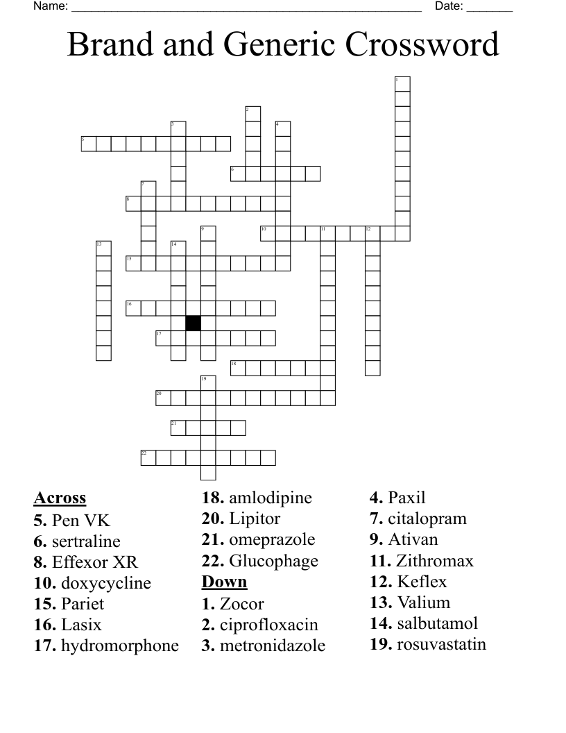 Brand and Generic Crossword