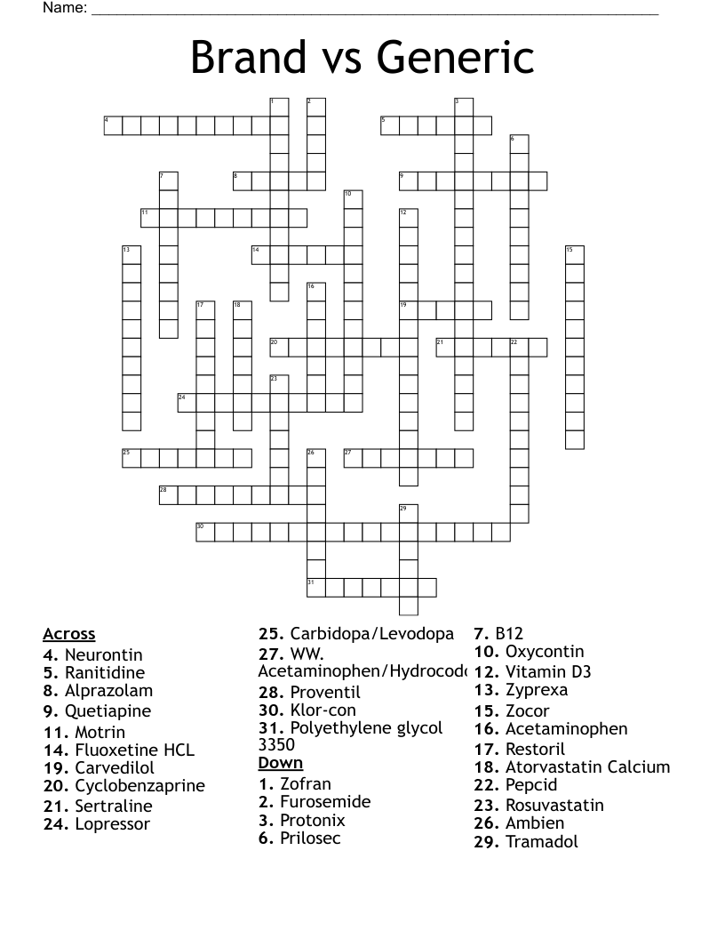 Brand vs Generic Crossword
