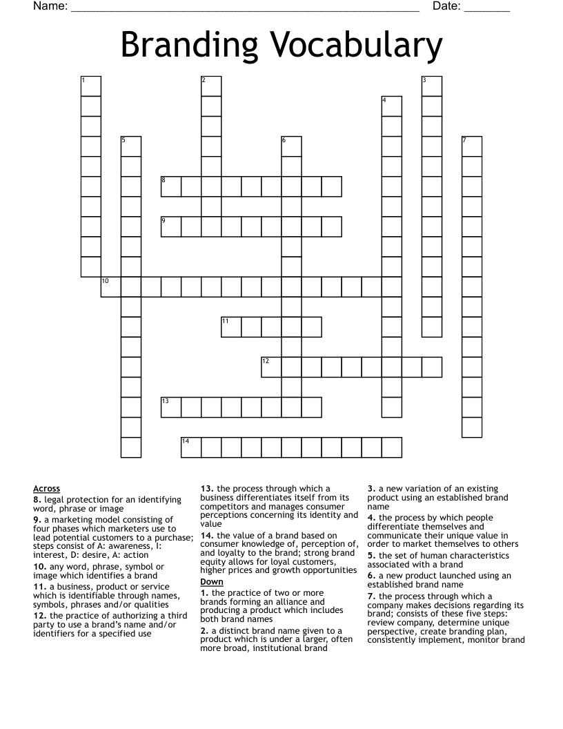 Branding Vocabulary Crossword