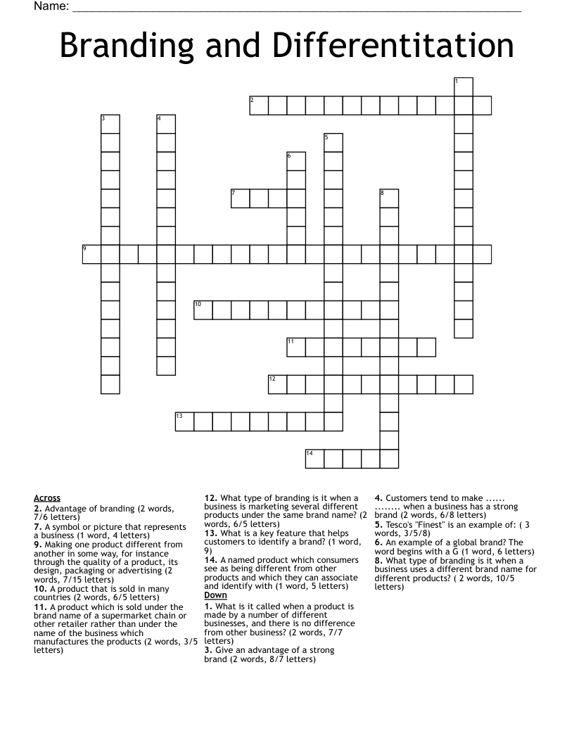 Branding and Differentitation Crossword