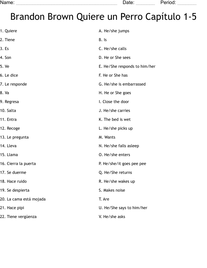 Brandon Brown Quiere un Perro Capítulo 1-5 Worksheet