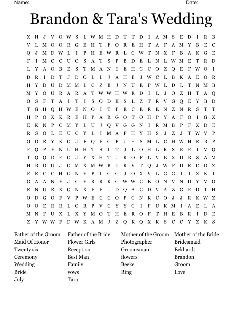 Brandon & Tara's Wedding Word Search