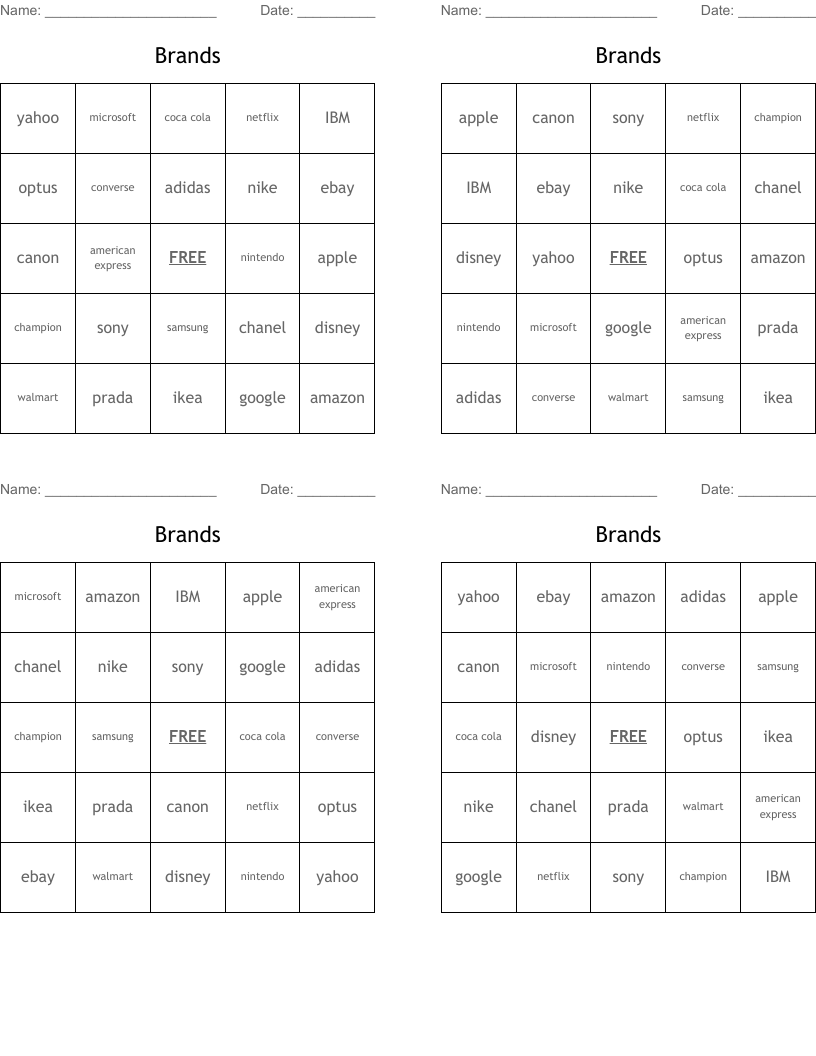 Brands Bingo Cards