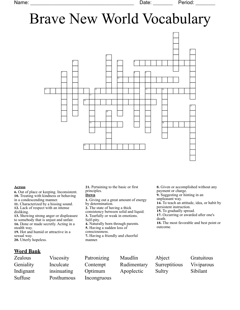 Brave New World Vocabulary Crossword