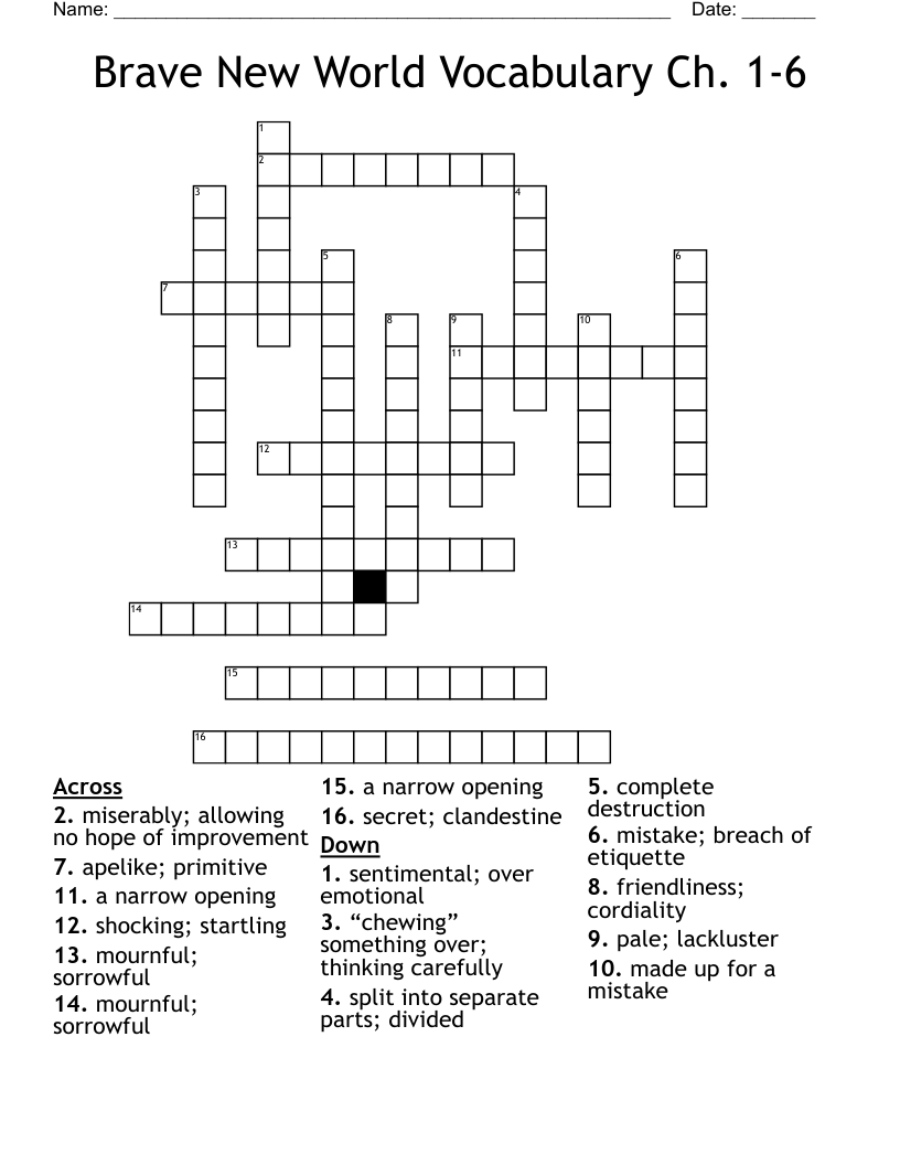 Brave New World Vocabulary Ch. 1-6 Crossword