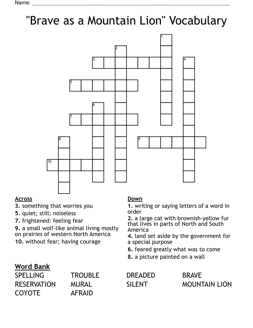 "Brave as a Mountain Lion" Vocabulary Crossword
