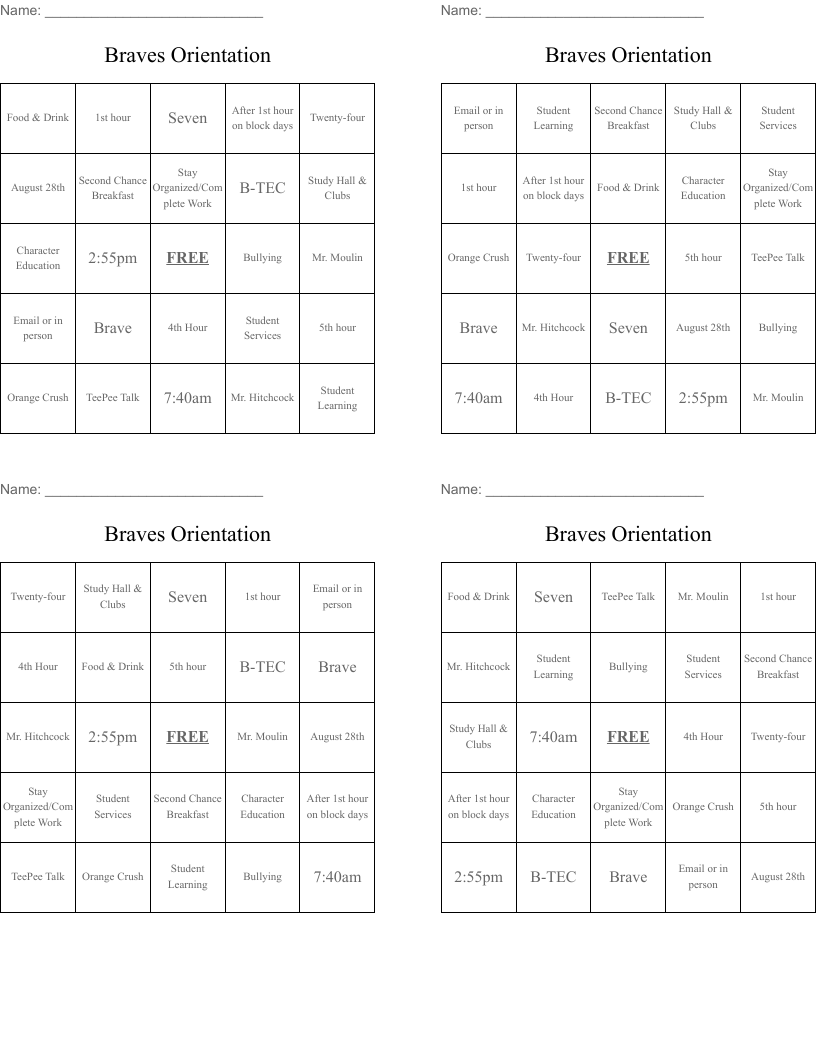 Braves Orientation Bingo Cards