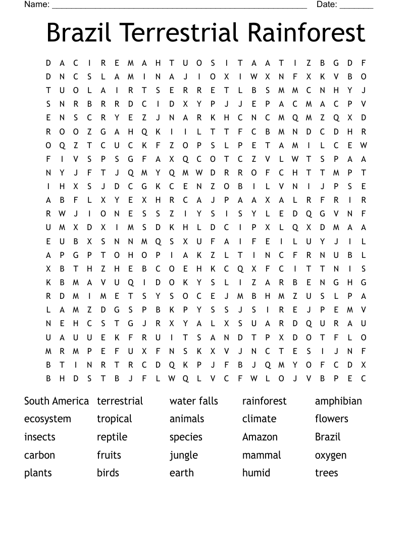 Brazil Terrestrial Rainforest Word Search