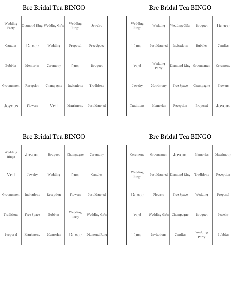 Bre Bridal Tea BINGO