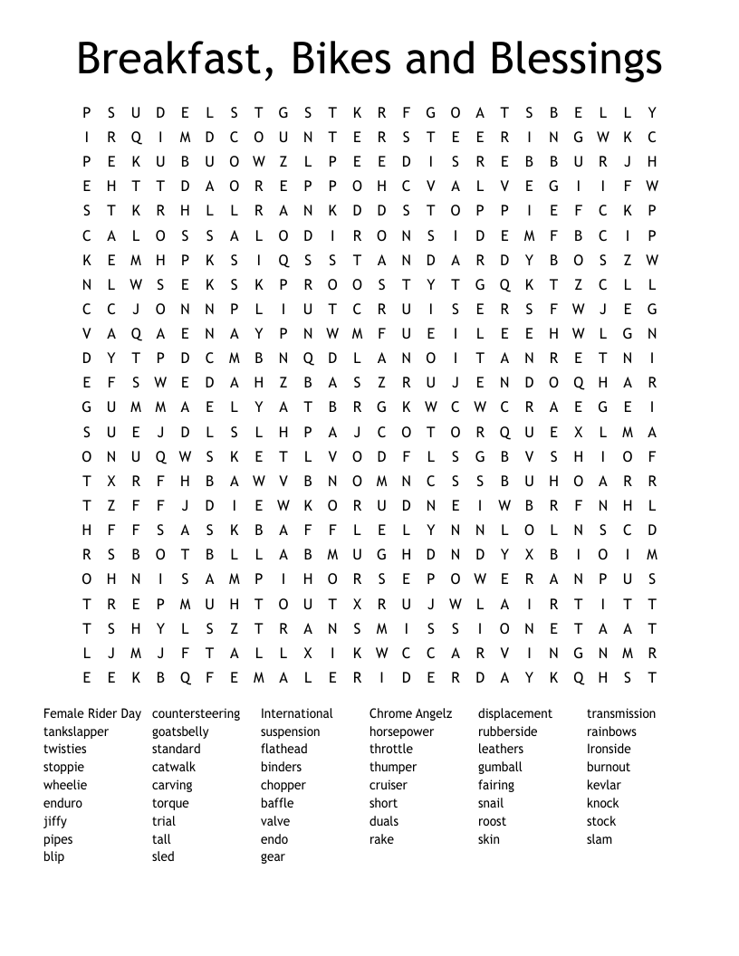Breakfast, Bikes and Blessings Word Search