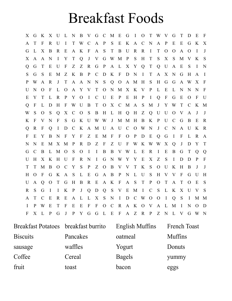 Breakfast Foods Word Search
