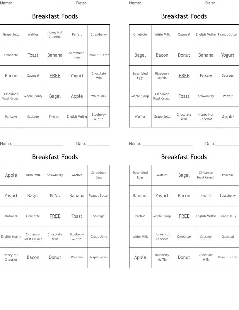 Breakfast Foods Bingo Cards