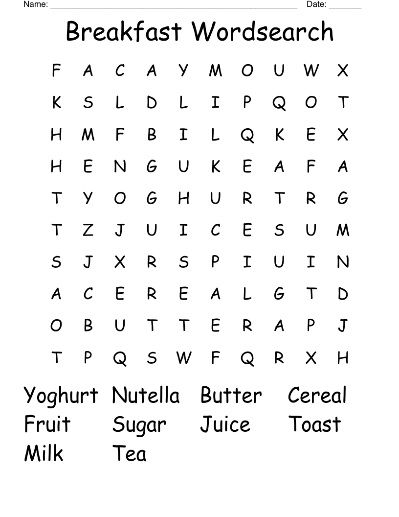 Breakfast Wordsearch 