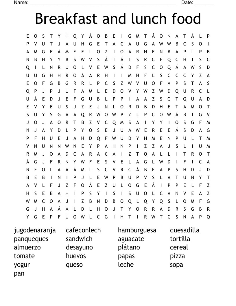Breakfast and lunch food Word Search