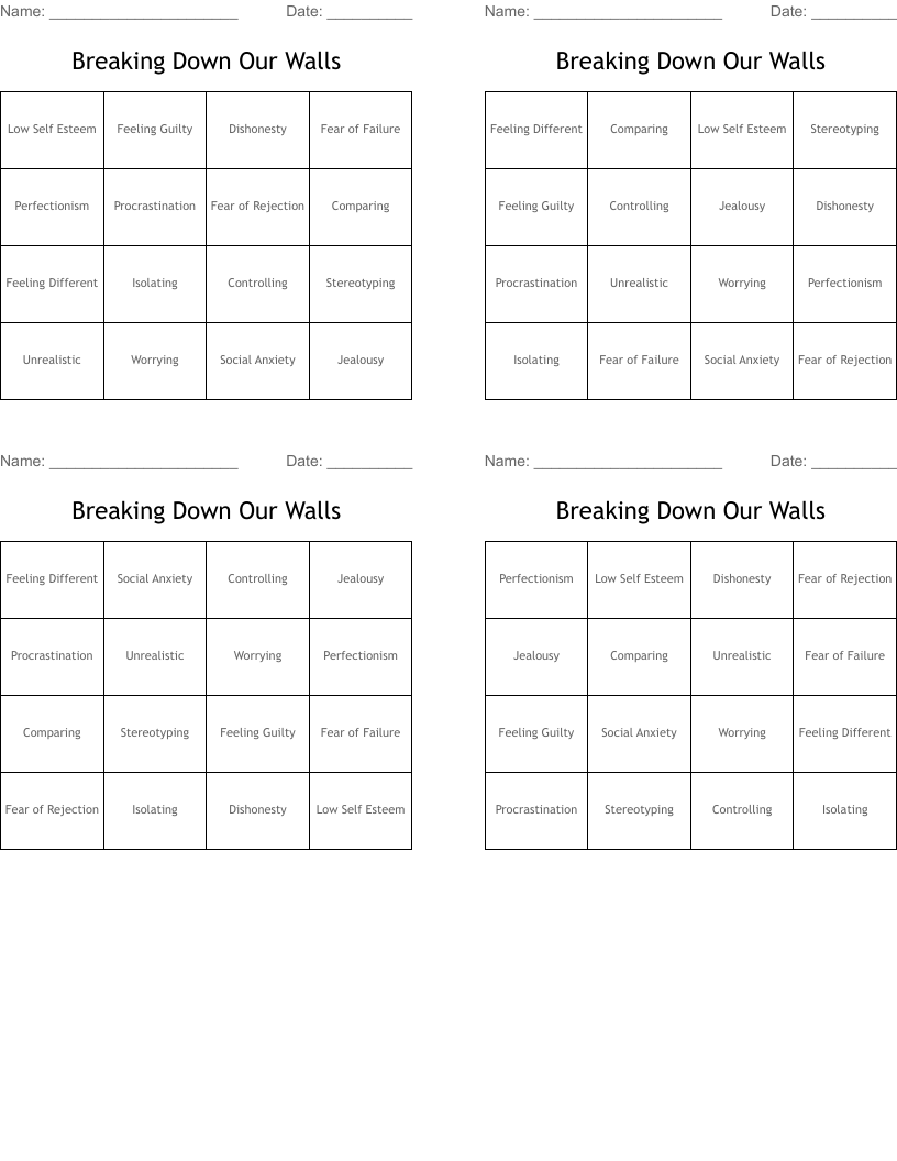 Breaking Down Our Walls Bingo Cards