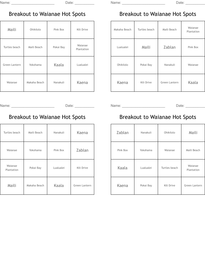 Breakout to Waianae Hot Spots Bingo Cards