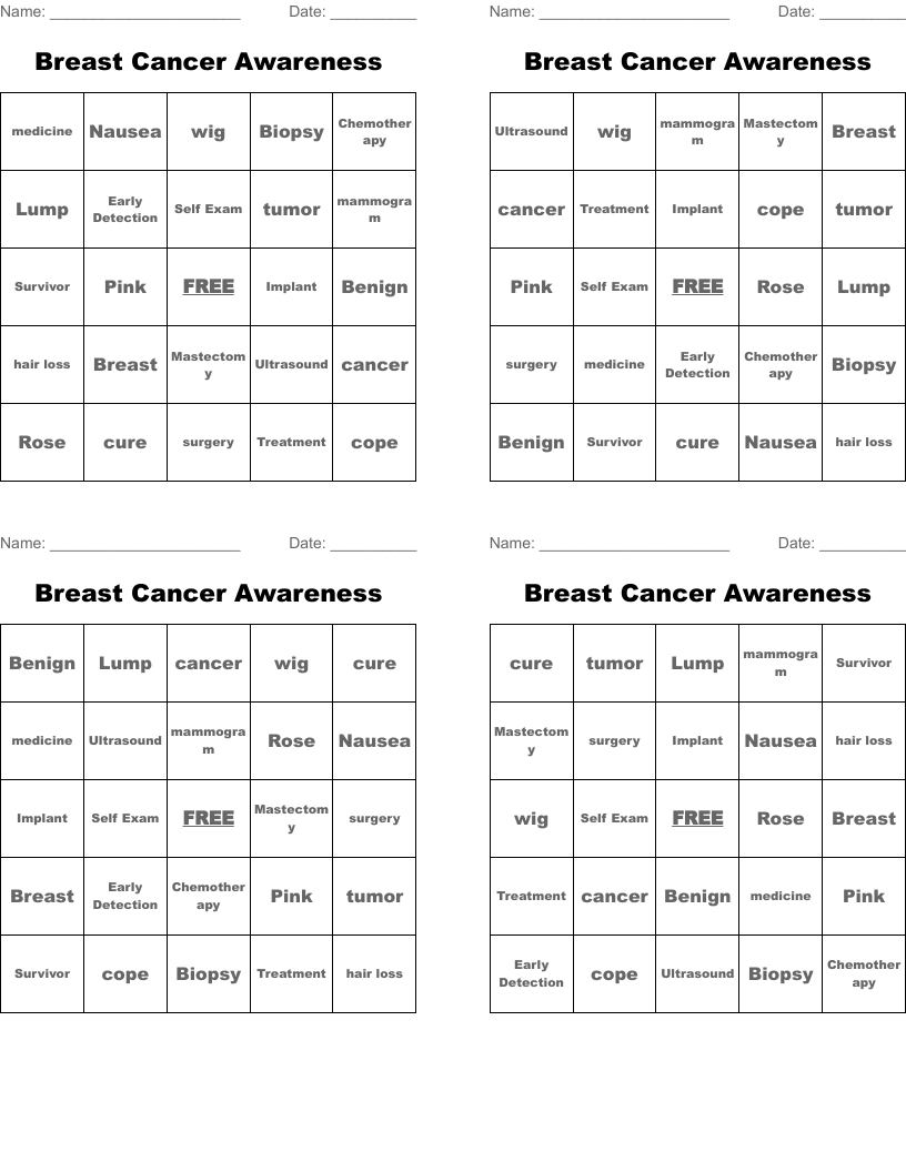 Breast Cancer Awareness Bingo Cards