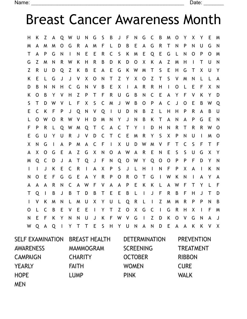 Breast Cancer Awareness Month Word Search