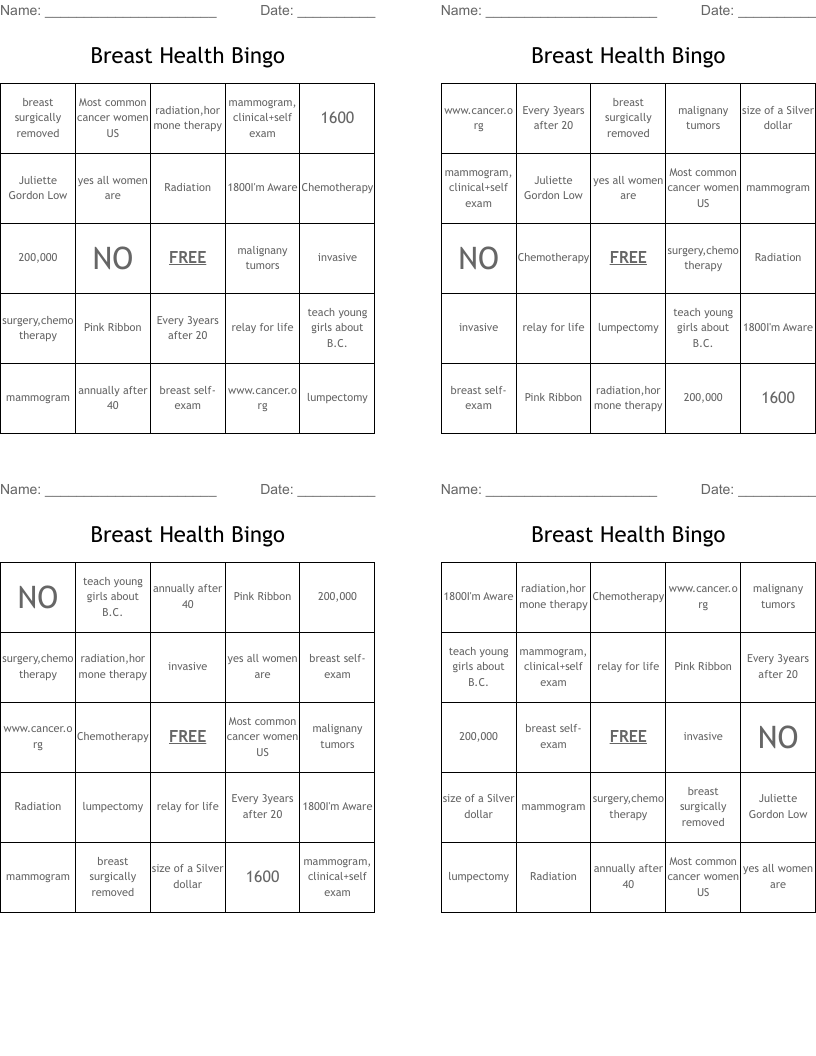 Breast Health Bingo