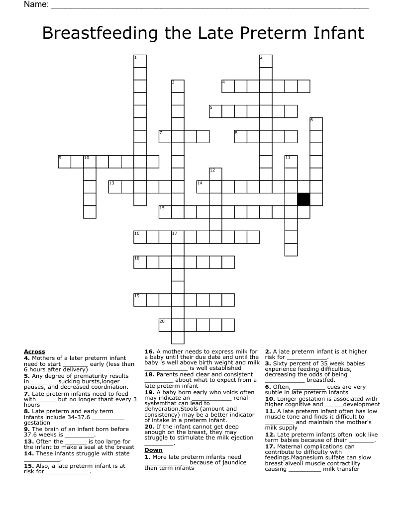 Breastfeeding the Late Preterm Infant Crossword