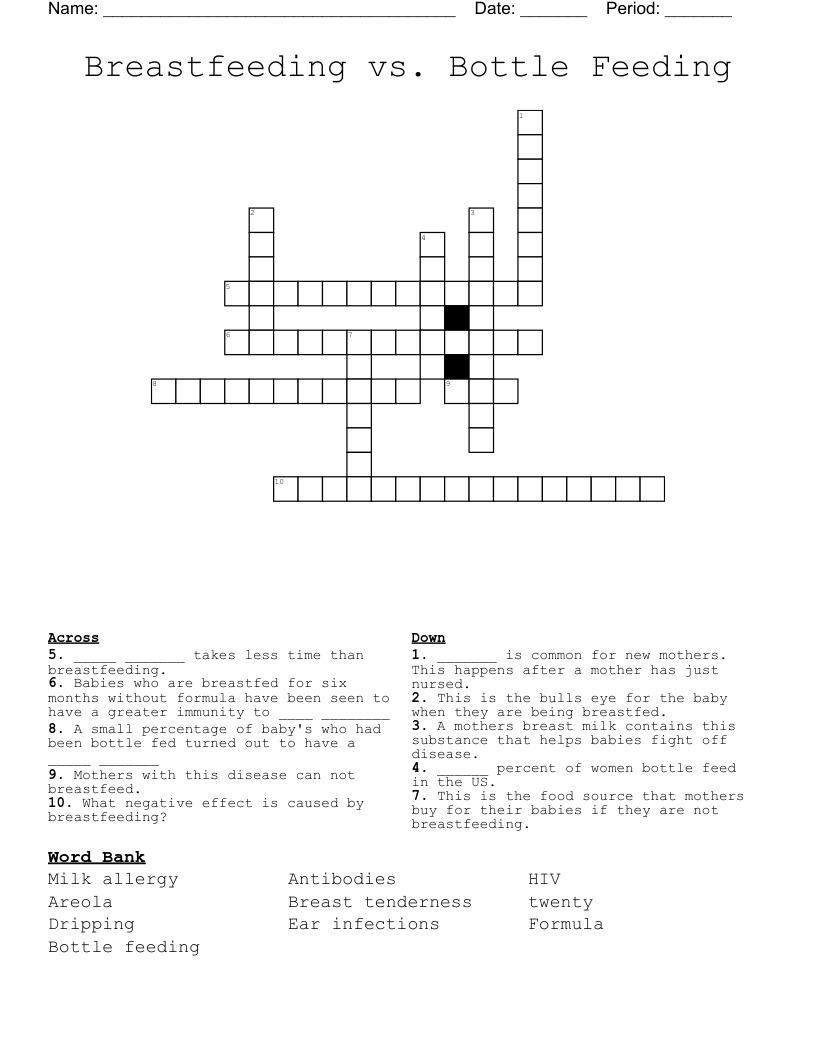 Breastfeeding vs. Bottle Feeding Crossword