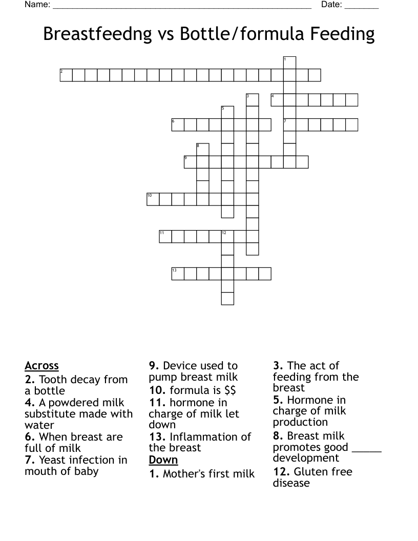 Breastfeedng vs Bottle/formula Feeding Crossword