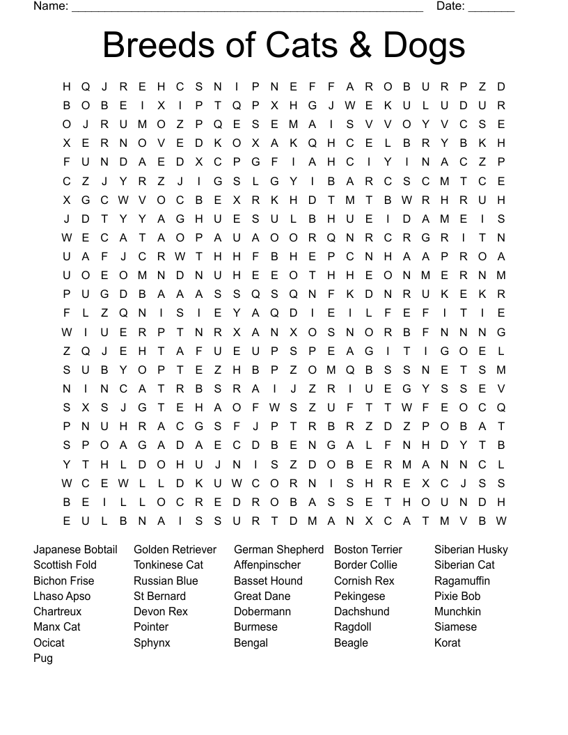 Breeds of Cats & Dogs Word Search