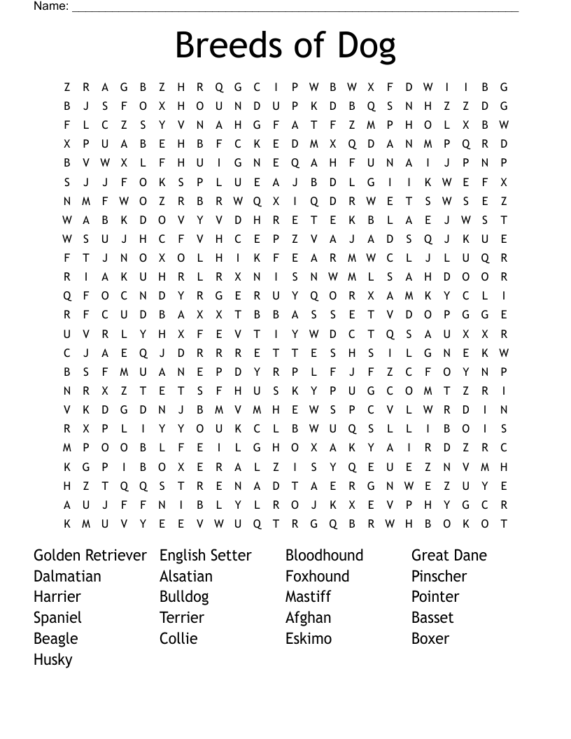 Breeds of Dog Word Search