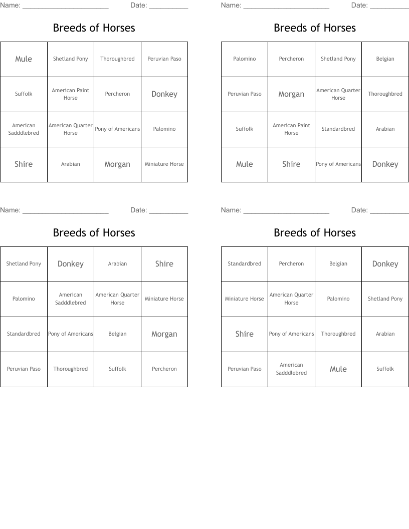 Breeds of Horses Bingo Cards