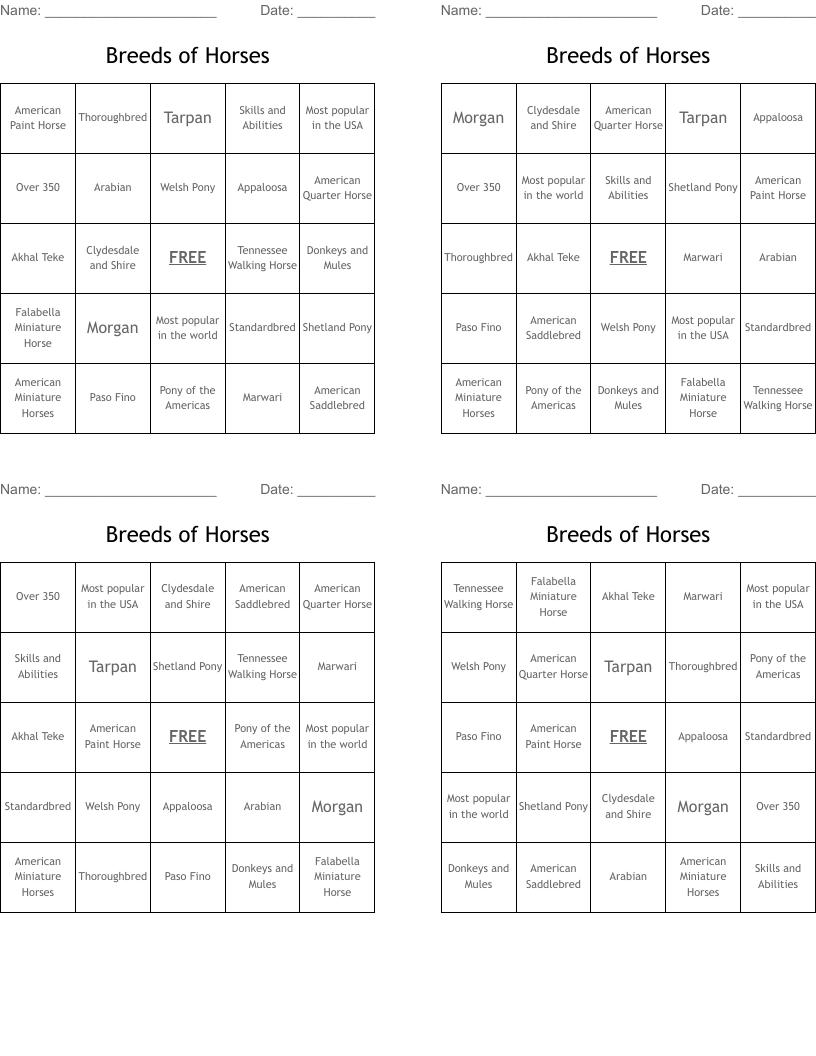 Breeds of Horses Bingo Cards