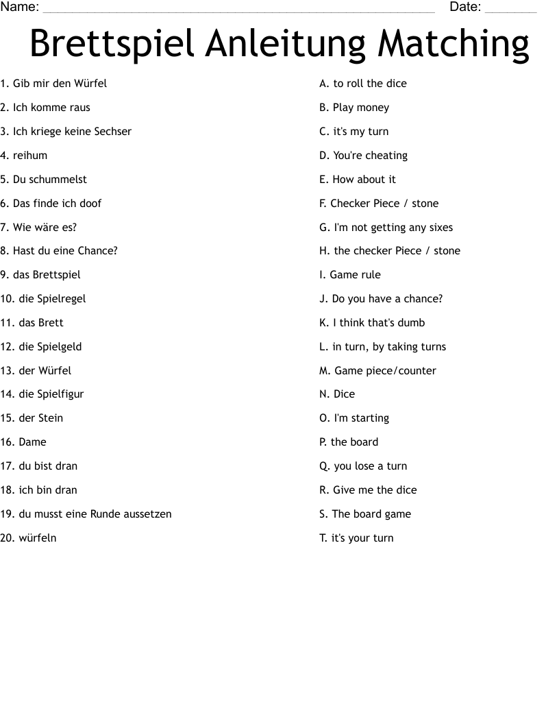 Brettspiel Anleitung Matching Worksheet