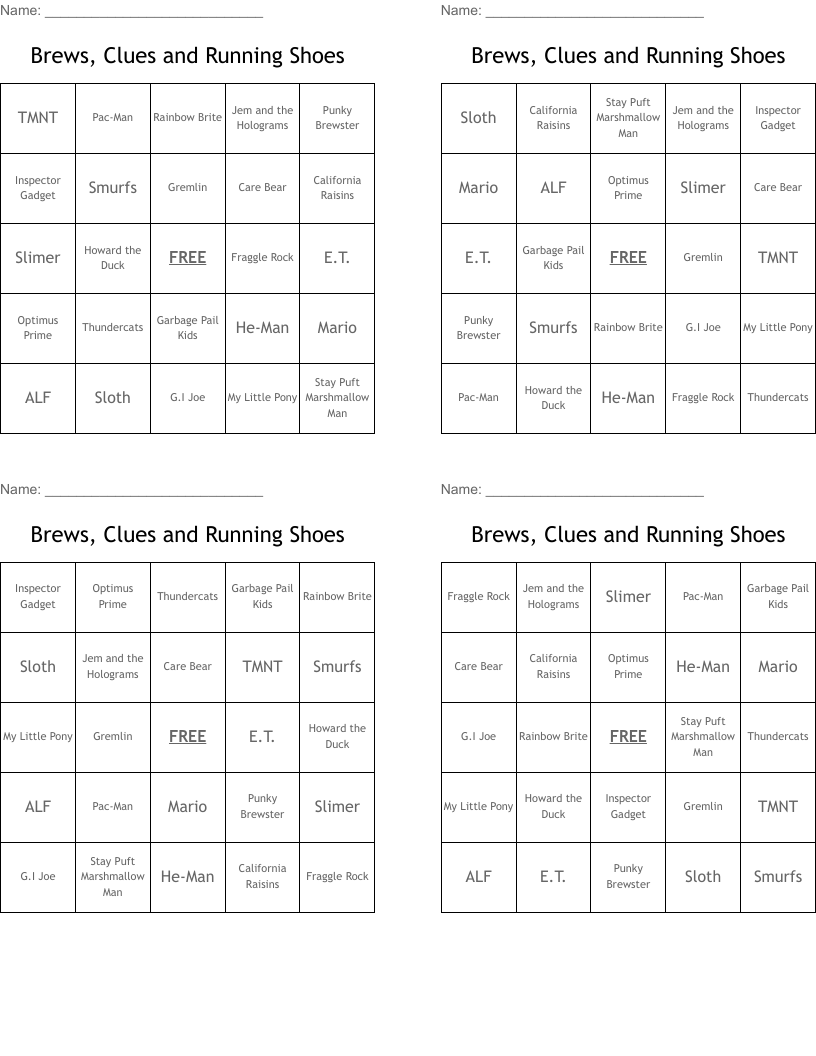 Brews, Clues and Running Shoes  Bingo Cards