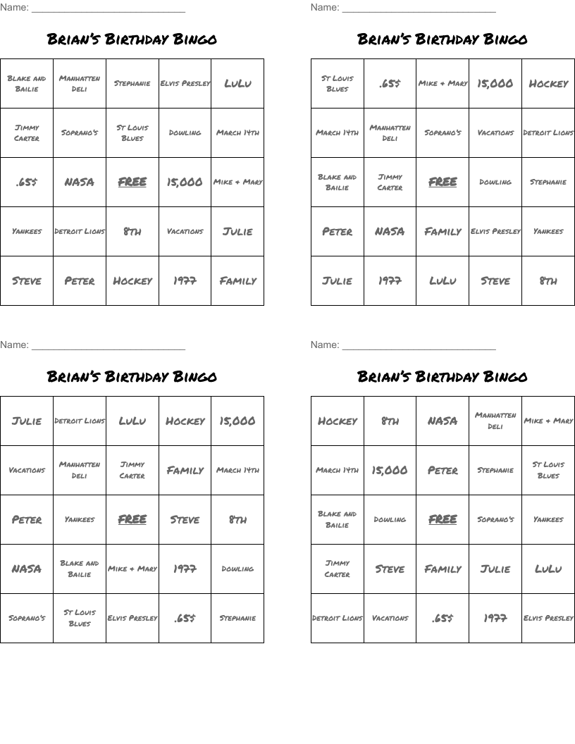 Brian’s Birthday Bingo