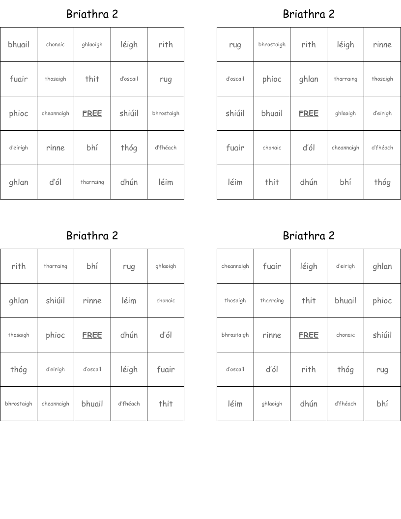 Briathra 2 Bingo Cards