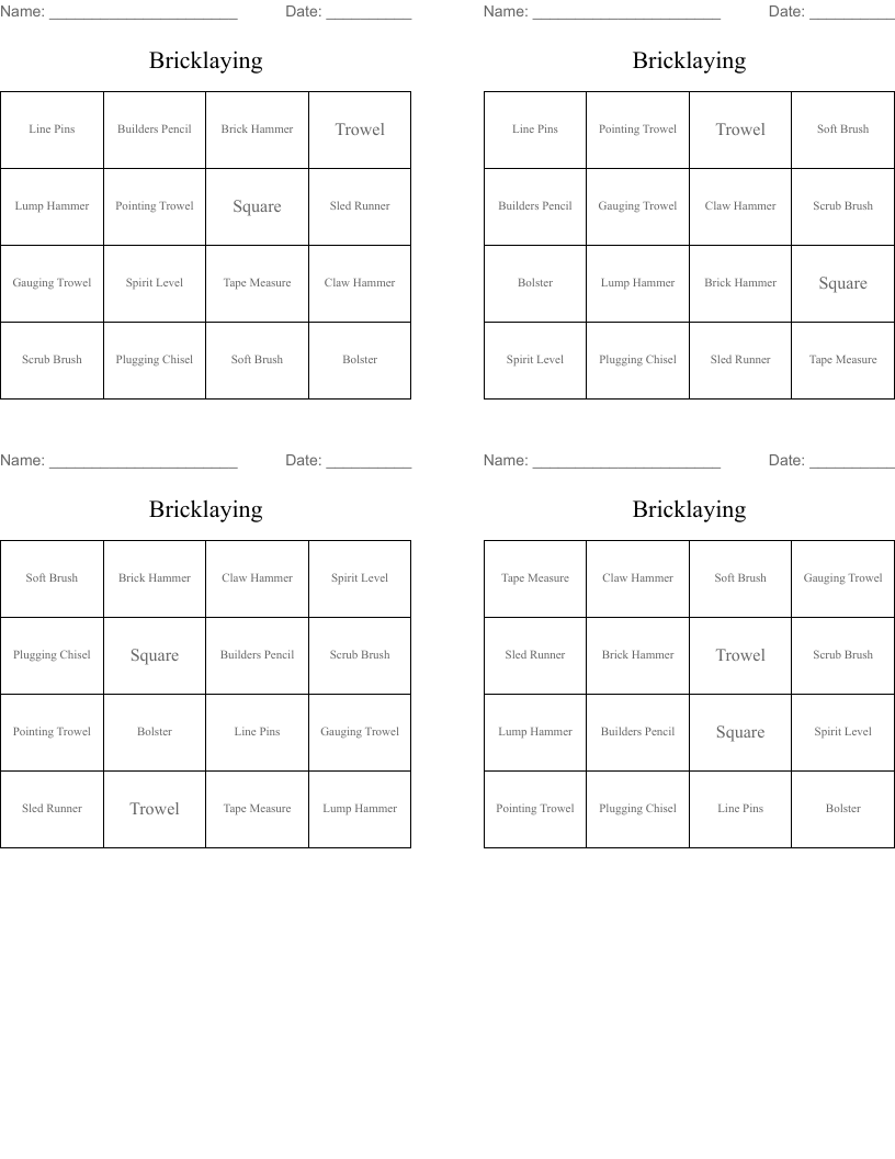 Bricklaying Bingo Cards