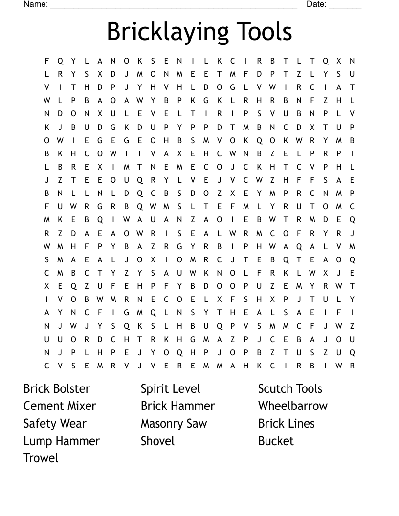Bricklaying Tools Word Search