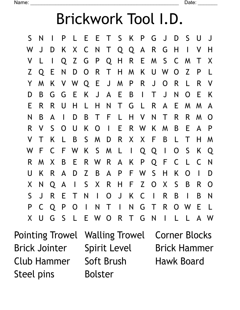 Brickwork Tool I.D. Word Search