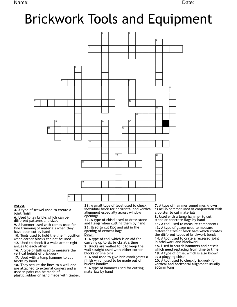 Brickwork Tools and Equipment Crossword