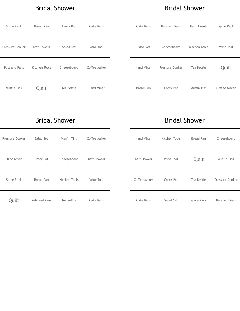Bridal Shower Bingo Cards