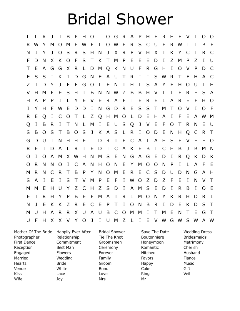 Bridal Shower Word Search