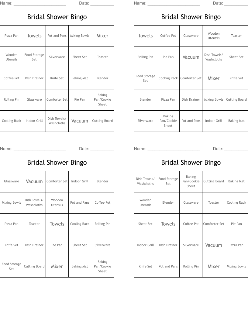 Bridal Shower Bingo
