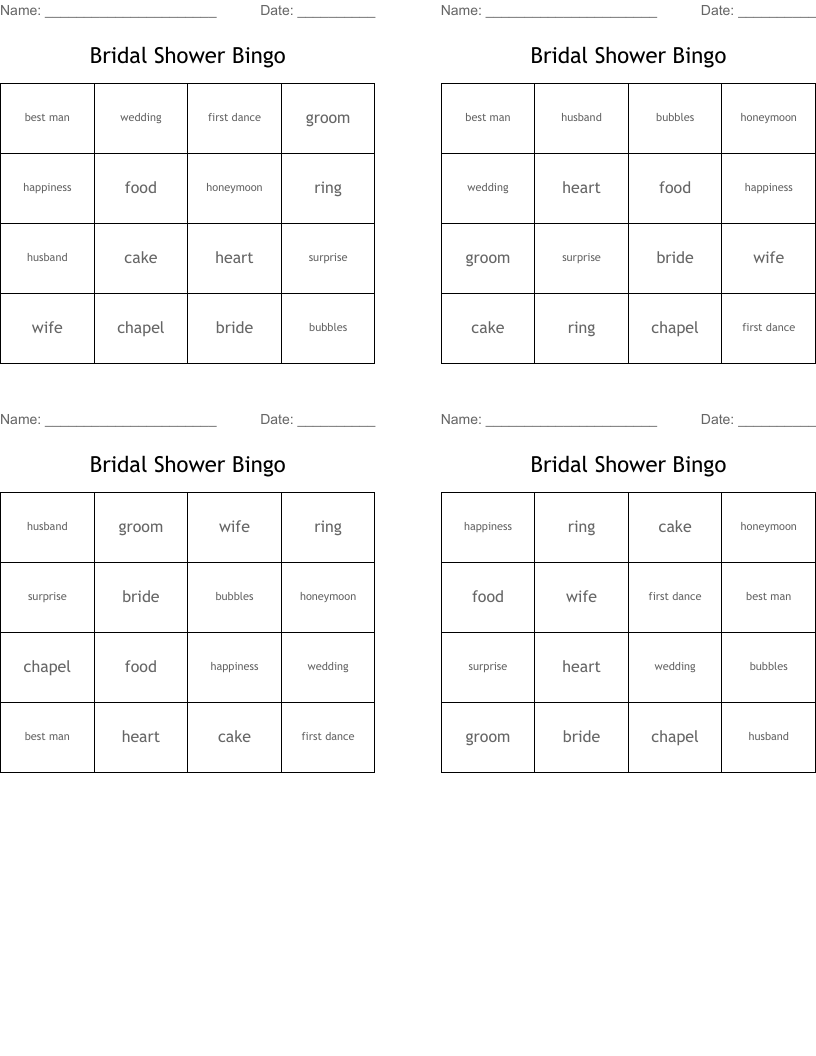 Bridal Shower Bingo